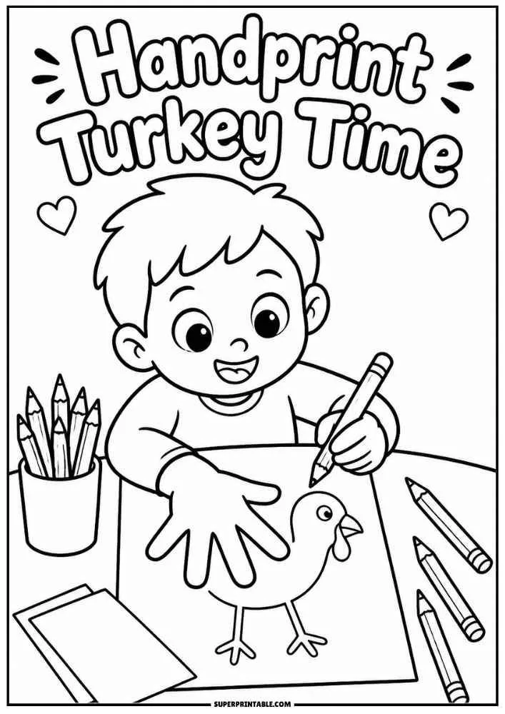 Child drawing a handprint turkey with pencils and the words "Handprint Turkey Time."
