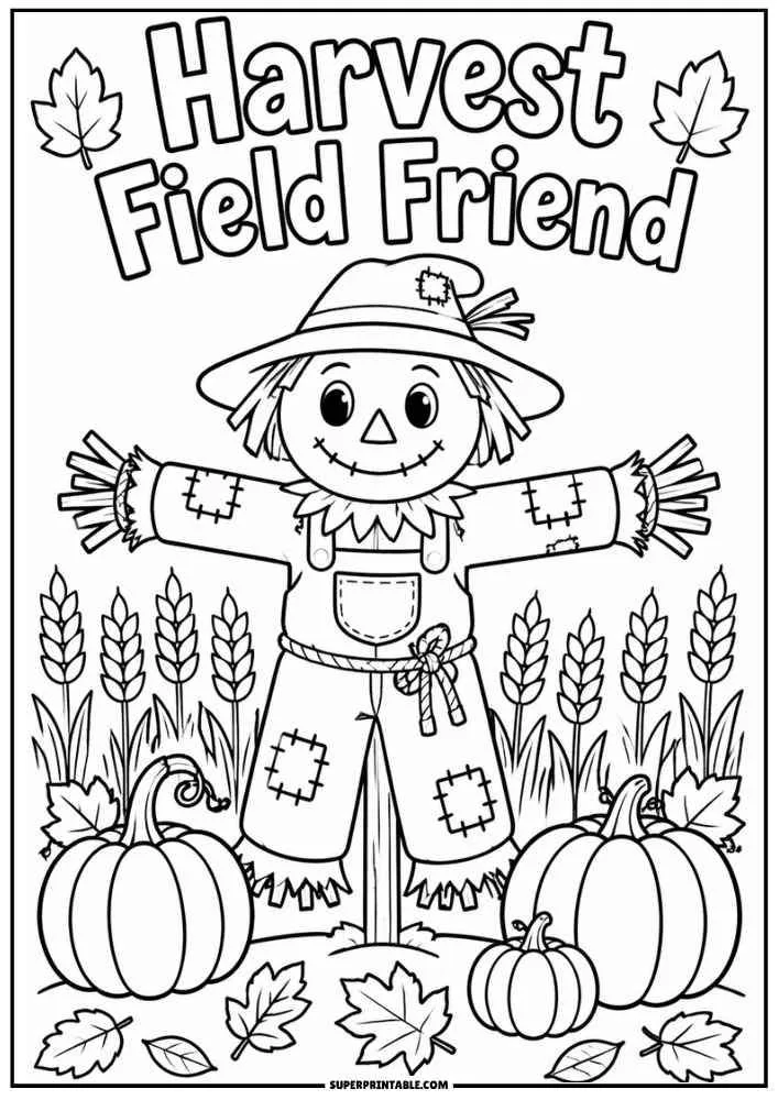 Scarecrow in a pumpkin field under the words "Harvest Field Friend."