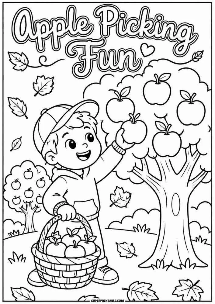 Child picking apples with a basket in an orchard under the words "Apple Picking Fun."
