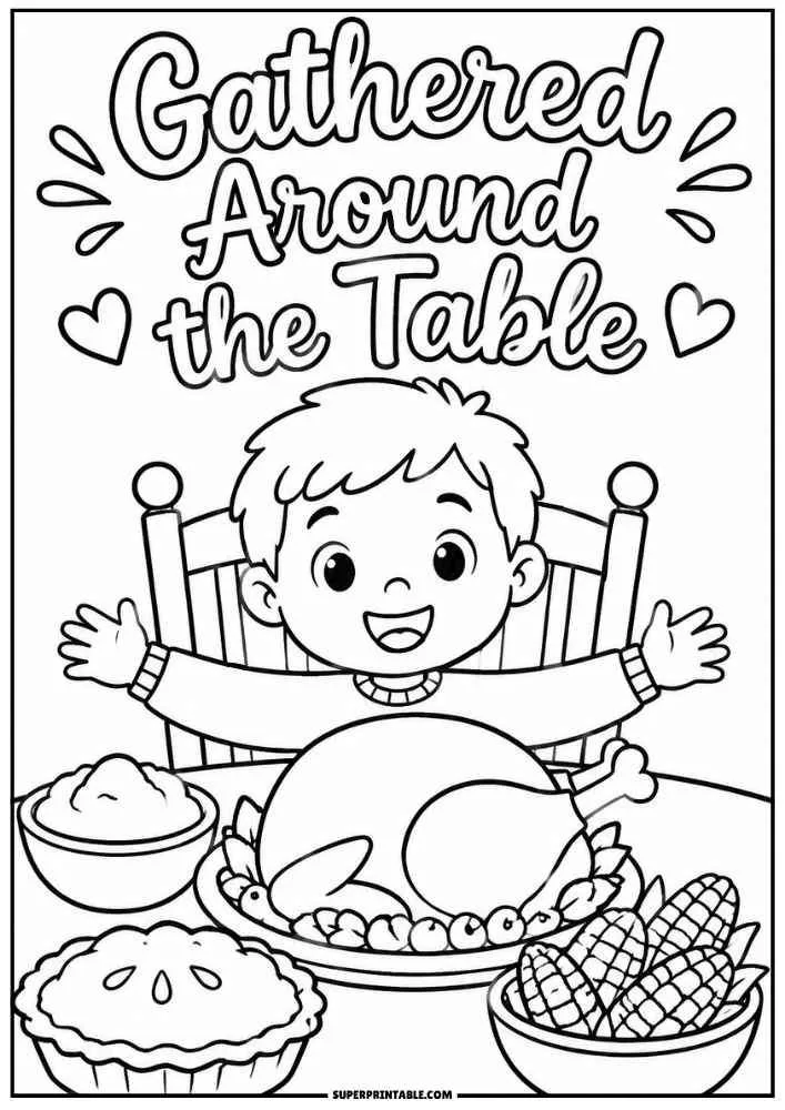 Child at a Thanksgiving table with turkey, pie, and corn under the words "Gathered Around the Table."