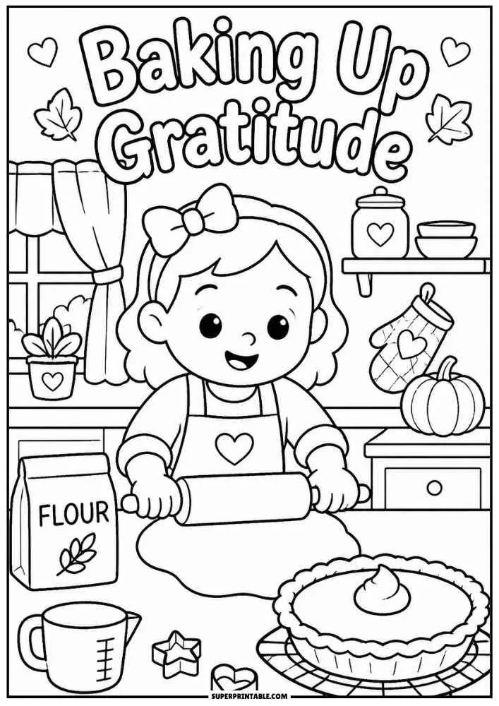 Child rolling dough in a kitchen with pie, pumpkin, and the words "Baking Up Gratitude."