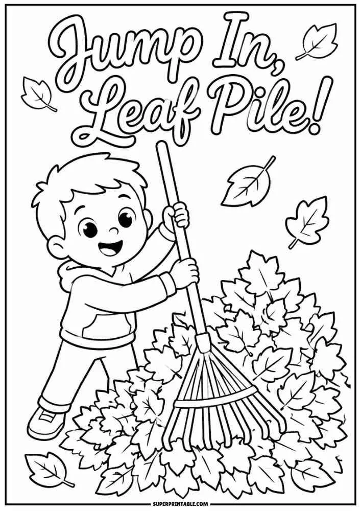 Child raking a large leaf pile under the words "Jump In, Leaf Pile!"