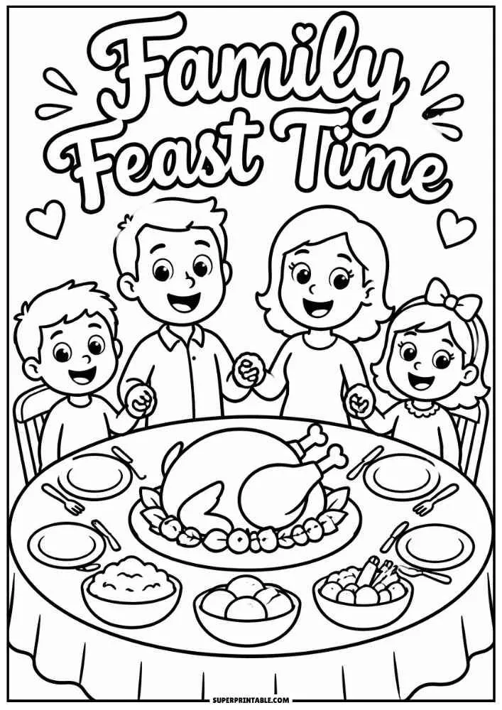 Family around a Thanksgiving table with turkey under the words "Family Feast Time."