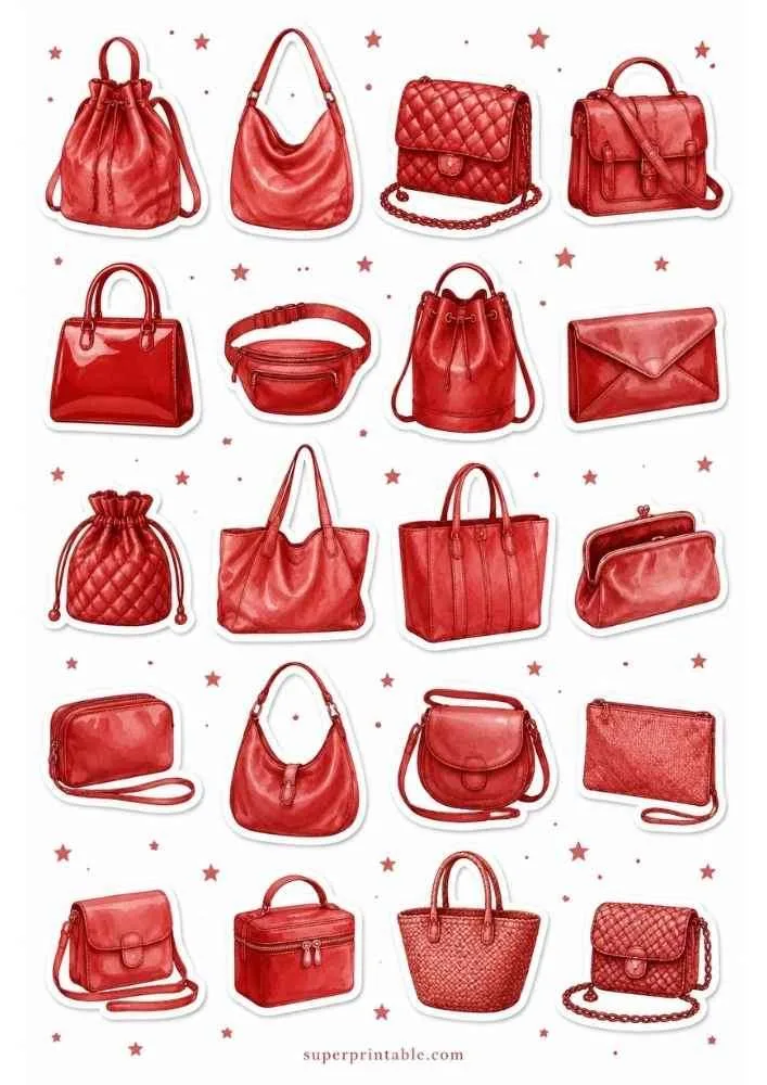 Red handbag sticker collection with many purse styles, stars, and superprintable.com on a white background.