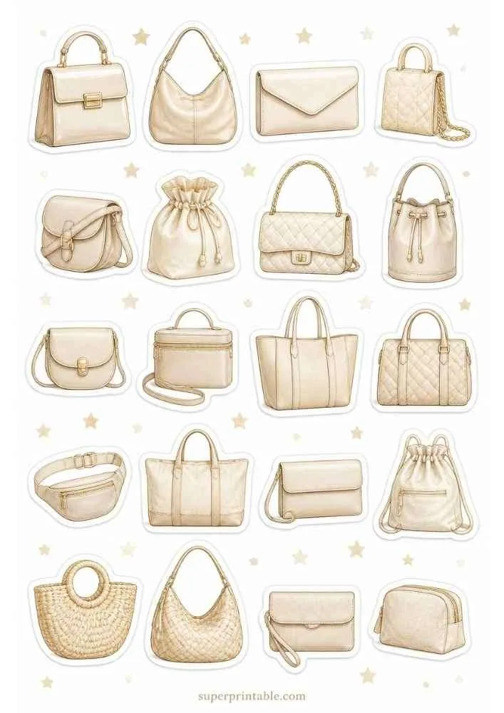 Cream handbag sticker collection with assorted purse styles, stars, and superprintable.com.