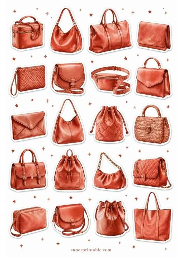 Rust orange handbag sticker collection with many purse styles, stars, and superprintable.com.