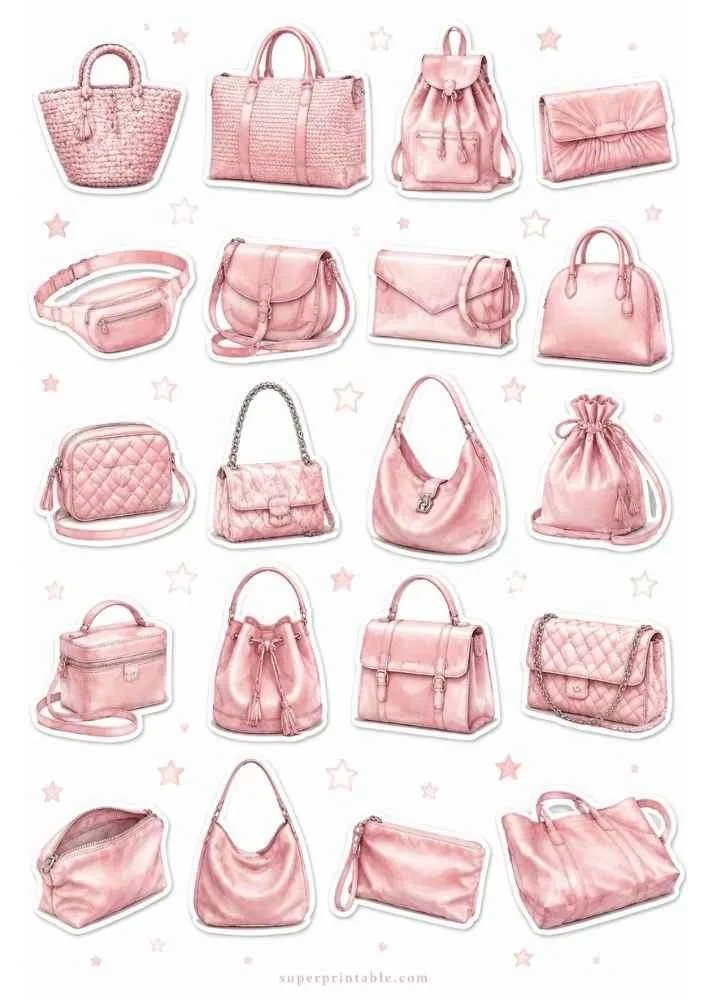 Blush pink handbag sticker collection with assorted purse styles, stars, and superprintable.com.