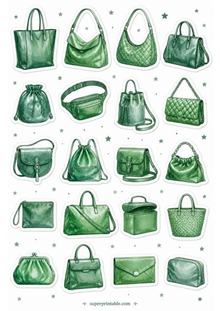 Emerald green handbag sticker collection with different purse styles, stars, and superprintable.com.