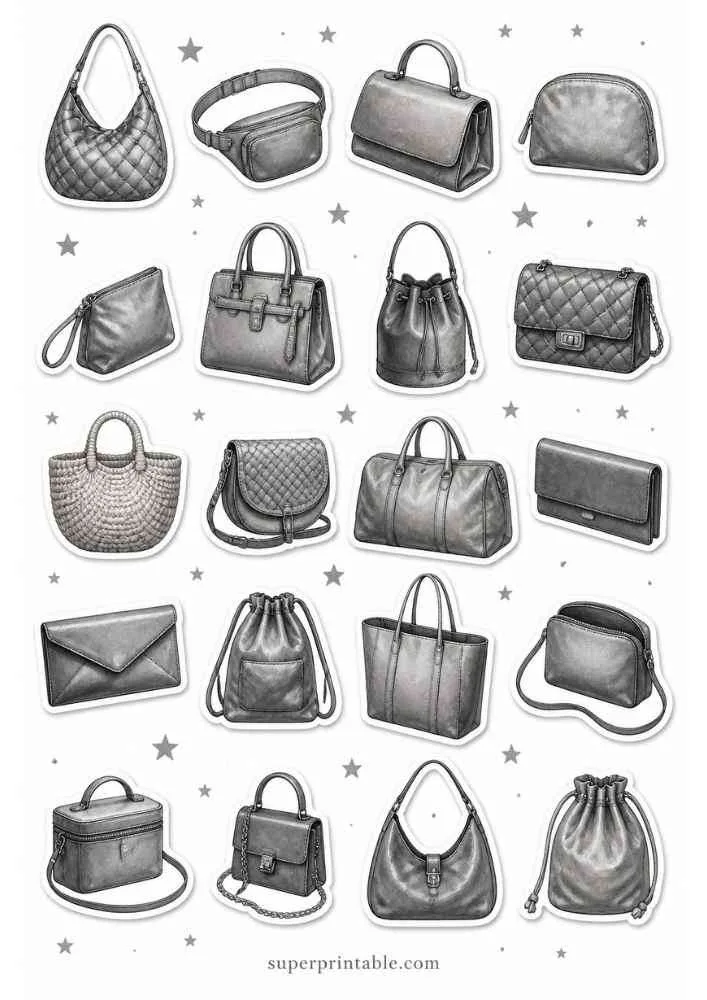 Gray handbag collection with many purse styles and small stars on a white background.