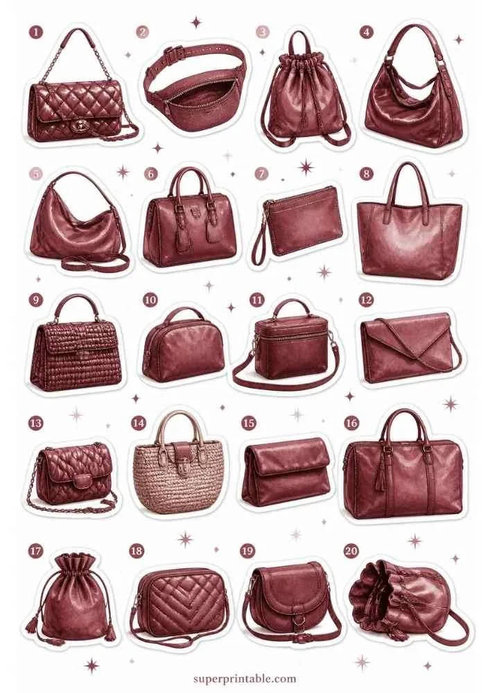 Burgundy handbag collection with numbered purse designs and small star decorations.
