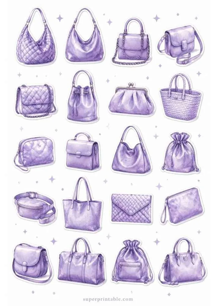 Lavender handbags in different styles with small stars on a white background.