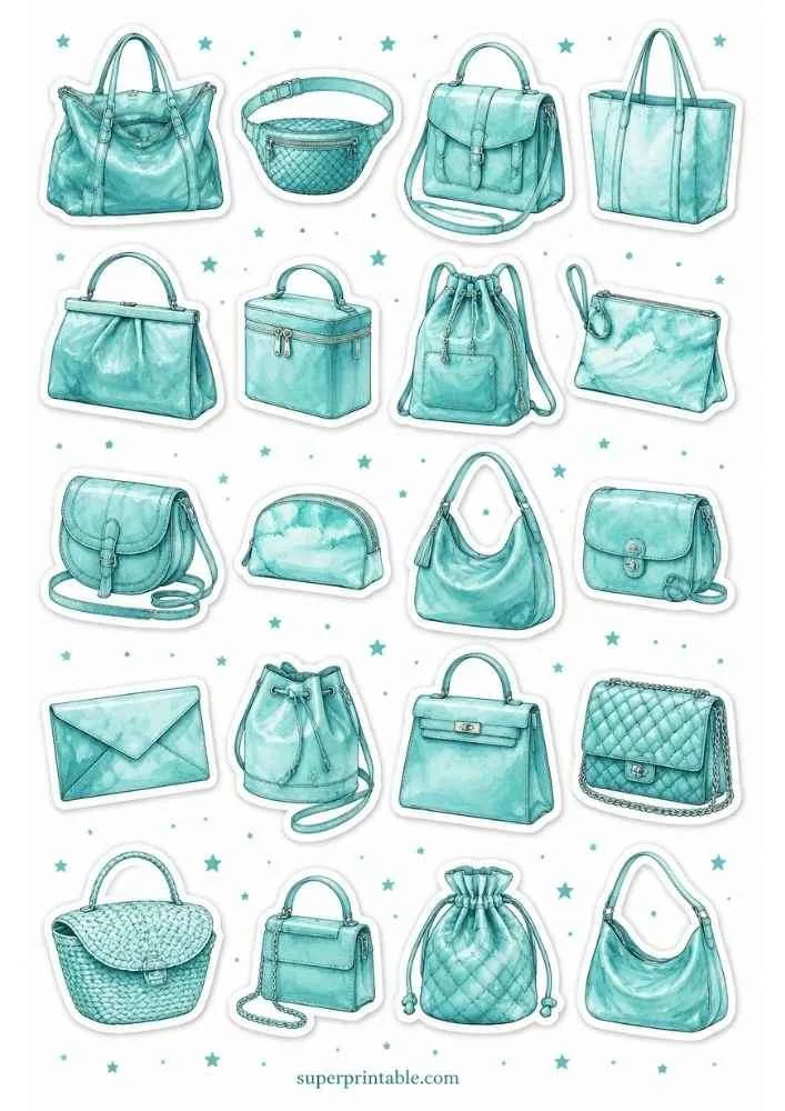 Turquoise handbag collection with different purse styles and small stars.