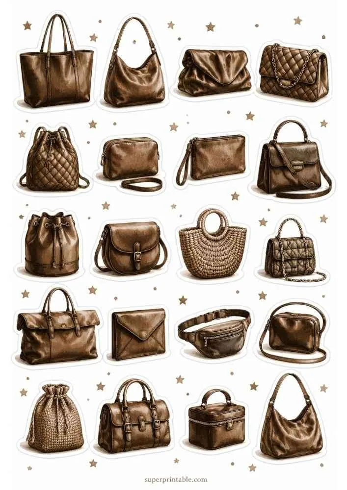 Brown handbag collection with leather purses and woven bags on a white background.