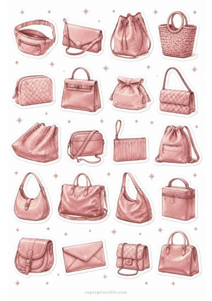 Pink handbag collection with many purse styles and small star decorations.