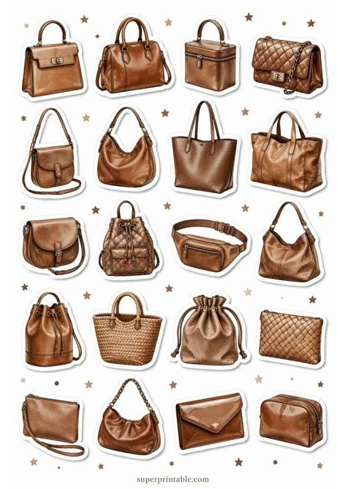 Brown handbag sticker collection with different purse styles, stars, and superprintable.com.