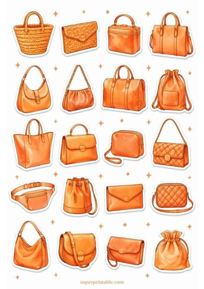 Orange handbag sticker collection with assorted purse styles, stars, and superprintable.com.