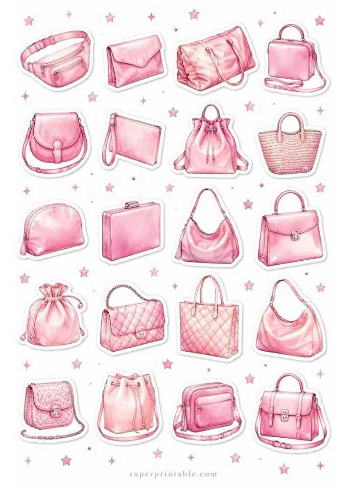 Light pink handbag sticker collection with many purse styles, stars, and superprintable.com