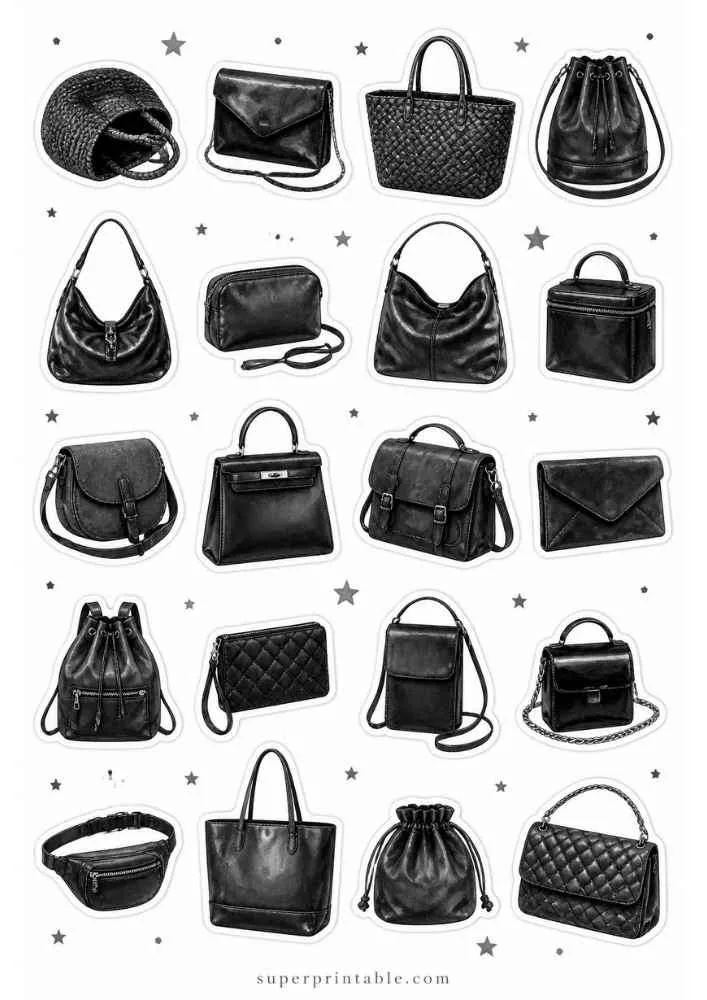 Black handbag sticker collection with assorted purse styles, stars, and superprintable.com.