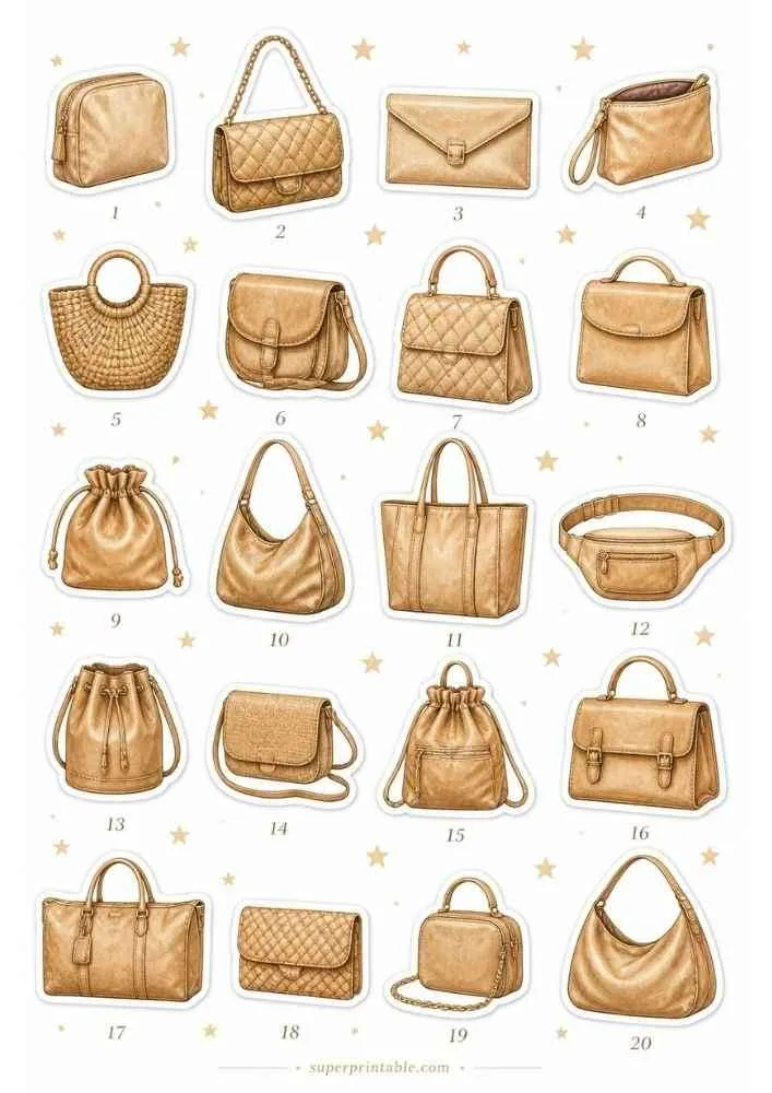 Numbered beige handbag collection with 20 purse designs, stars, and superprintable.com.