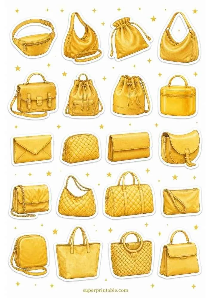 Golden yellow handbag sticker collection with many purse styles, stars, and superprintable.com.
