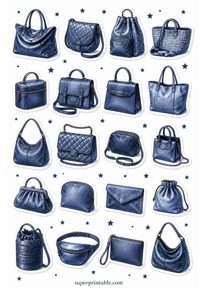 Navy blue handbag sticker collection with assorted purse styles, stars, and superprintable.com.