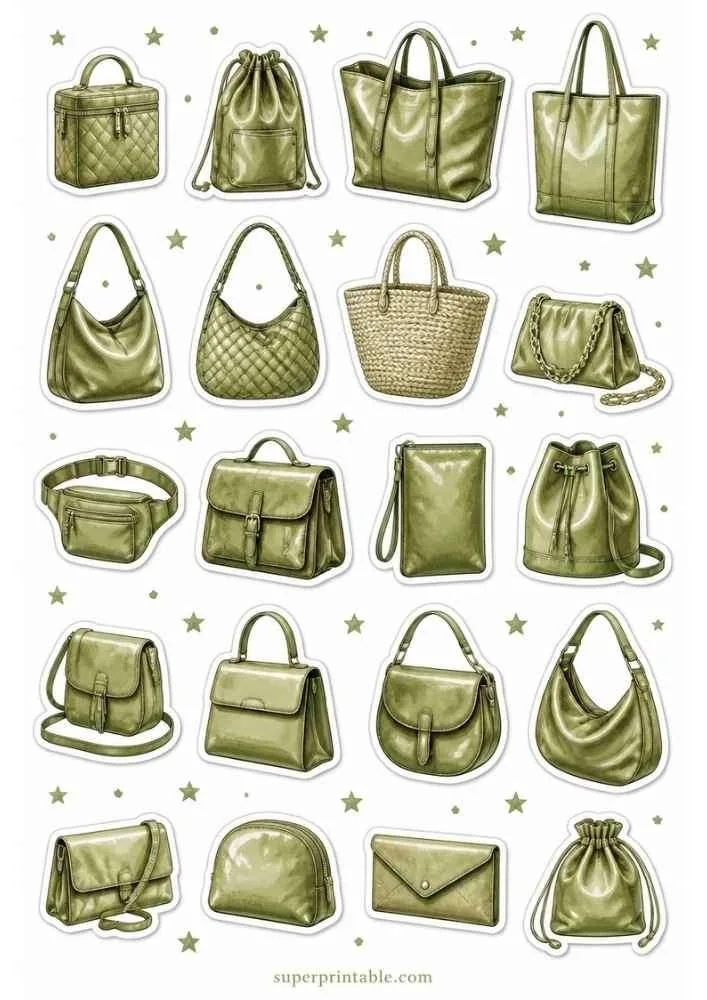 Olive green handbag sticker collection with different purse styles, stars, and superprintable.com.
