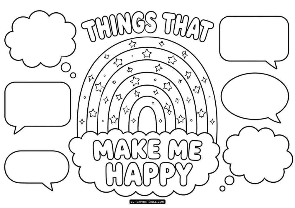 Rainbow with stars, happy text, and empty speech and thought bubbles for writing or drawing.