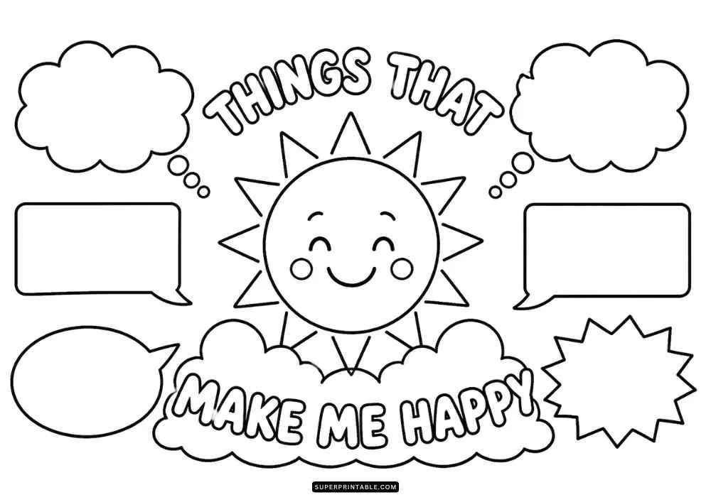 Smiling sun with clouds, speech bubbles, and thought bubbles around happy themed text.