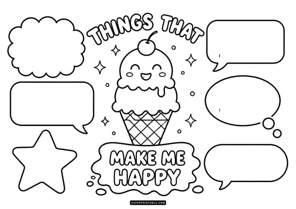 Smiling ice cream cone with speech bubbles, thought bubbles, and happy themed text.