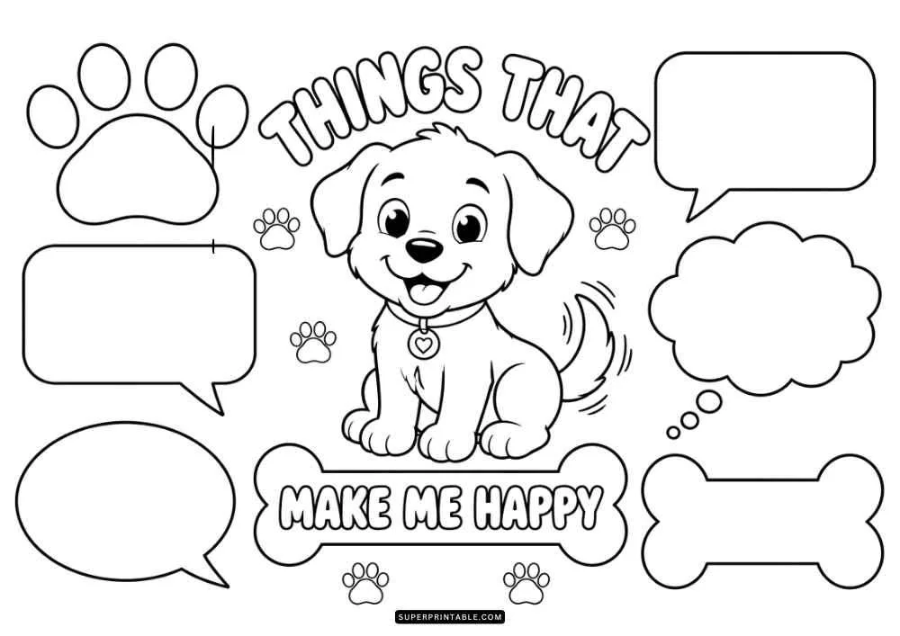 Smiling puppy with paw prints, speech bubbles, and spaces for happy ideas.