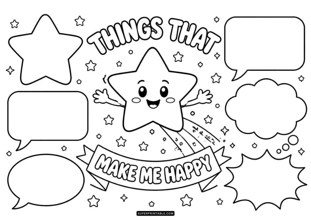 Smiling star with stars, speech bubbles, and blank spaces for writing.