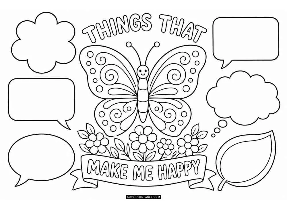 Butterfly over flowers with speech bubbles and thought bubbles for writing.