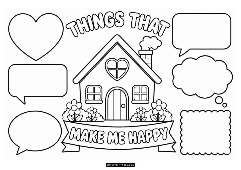 Cute house with flowers, speech bubbles, and blank writing spaces around happy text.