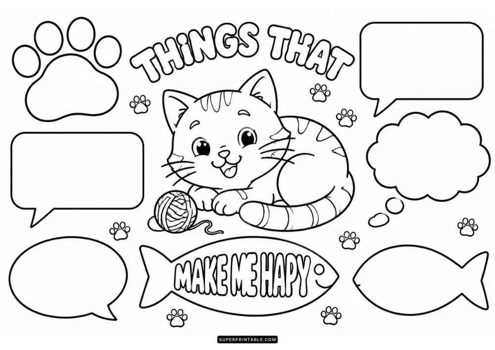 Cute kitten with yarn, paw prints, speech bubbles, and happy themed writing spaces.