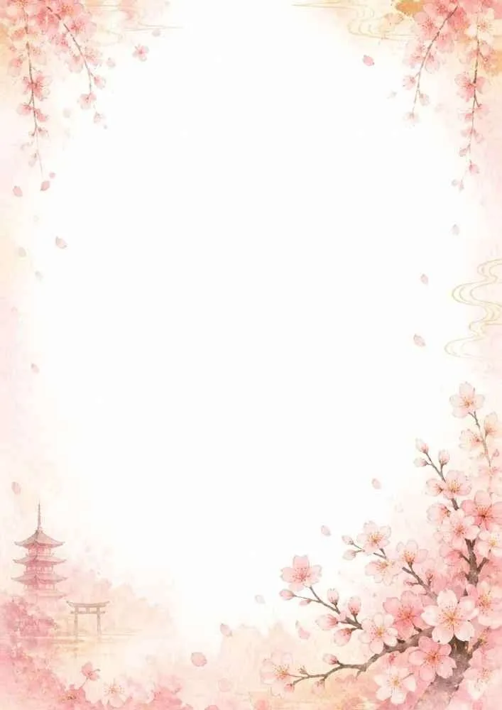 Watercolor border with cherry blossoms, pagoda, torii gate, and a large blank center.