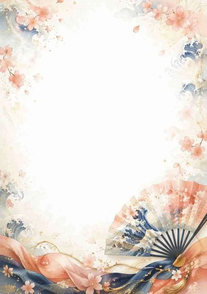 Watercolor border with folding fan, cherry blossoms, and blank writing area.