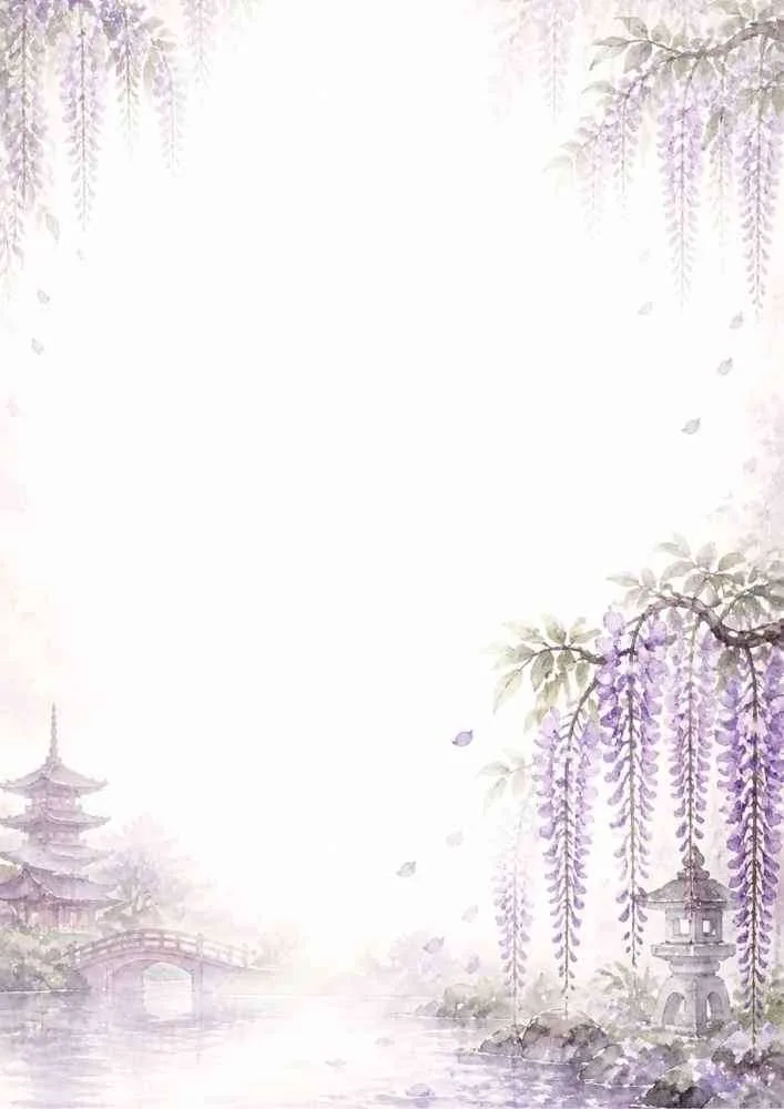 Watercolor border with wisteria flowers, bridge, pagoda, and blank center.