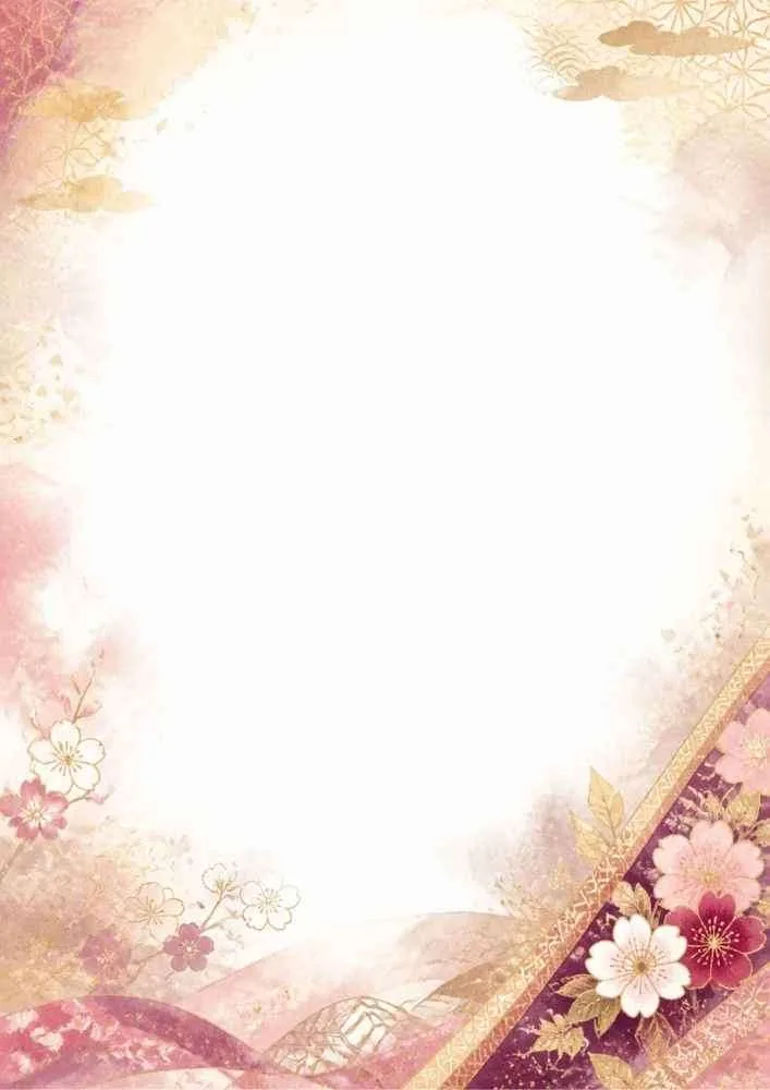 Watercolor border with cherry blossoms, Japanese patterns, and a large blank center.