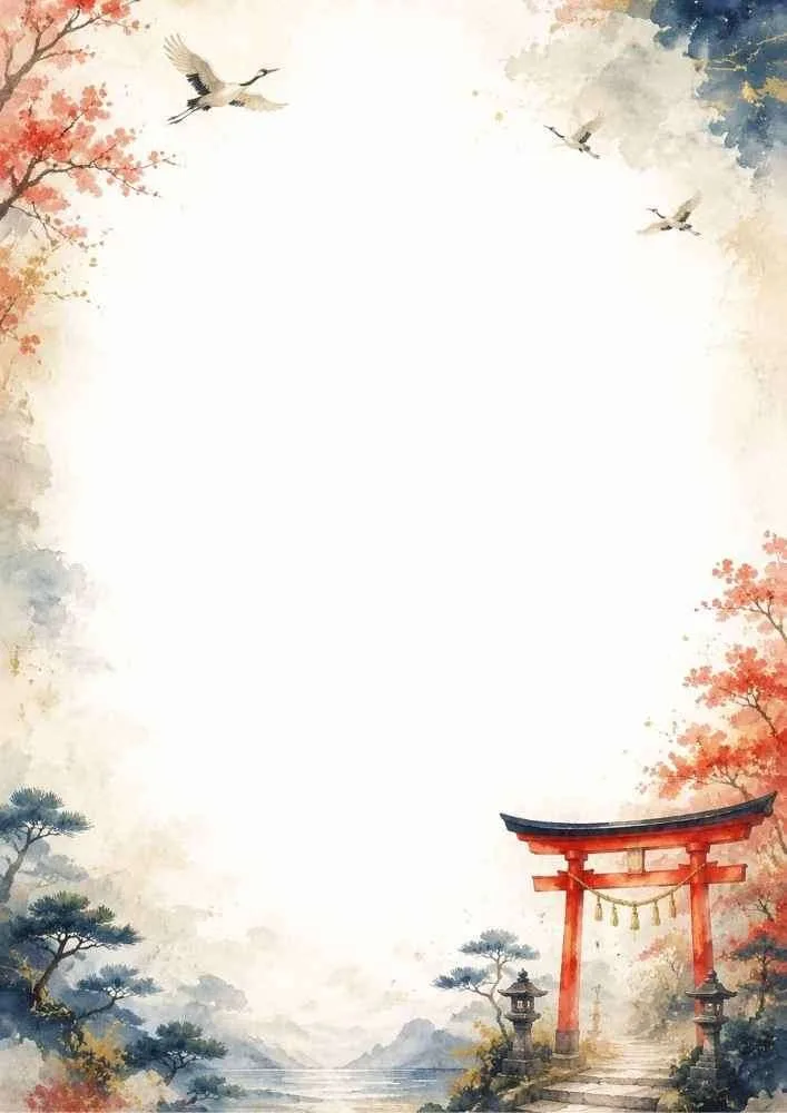 Watercolor border with torii gate, cranes, trees, and a large blank writing area.