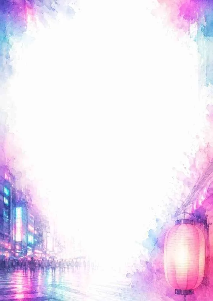 Watercolor Tokyo street border with paper lantern, city lights, and blank center.