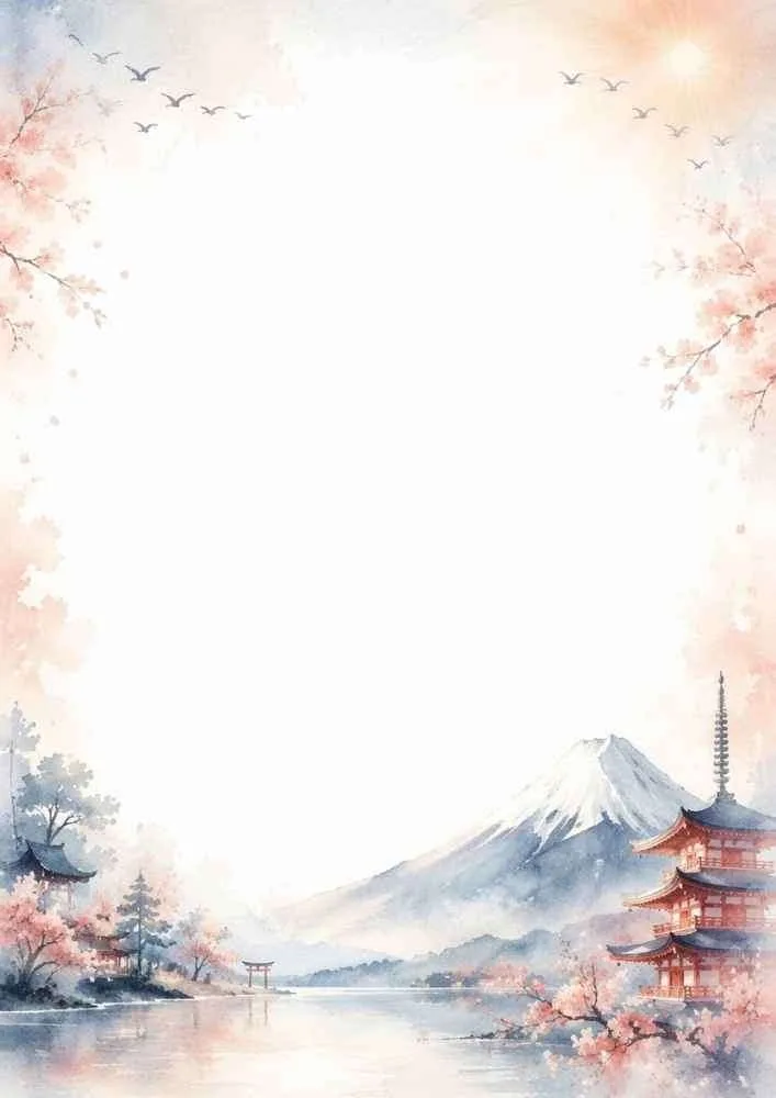 Watercolor border with Mount Fuji, pagodas, cherry blossoms, and blank center.