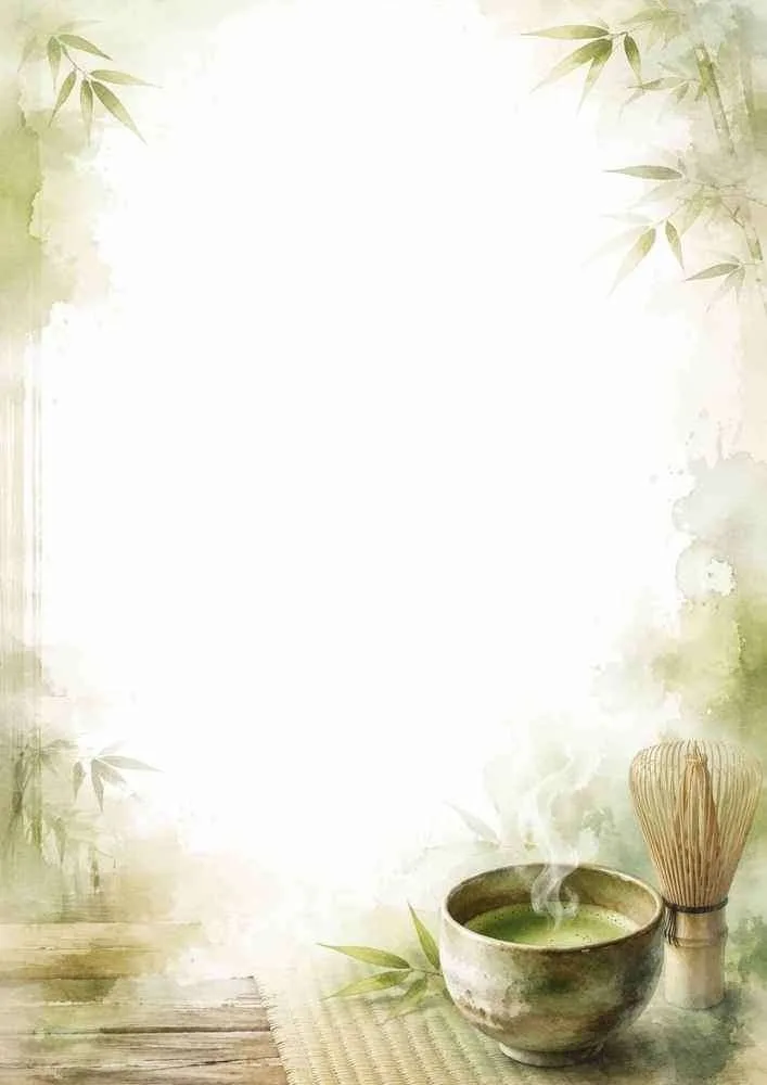 Watercolor border with matcha tea bowl, bamboo whisk, and blank writing area.