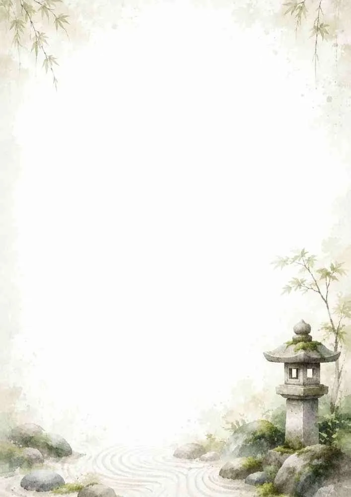 Watercolor Zen garden border with stone lantern, rocks, and blank center.
