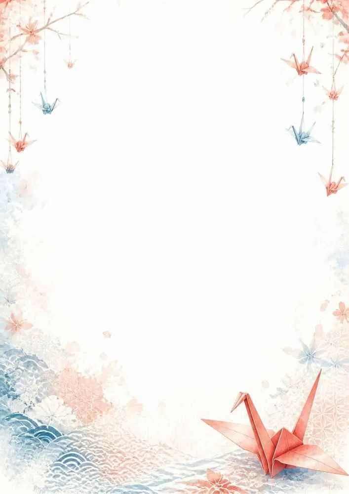 Watercolor border with origami cranes, cherry blossoms, and a large blank center.