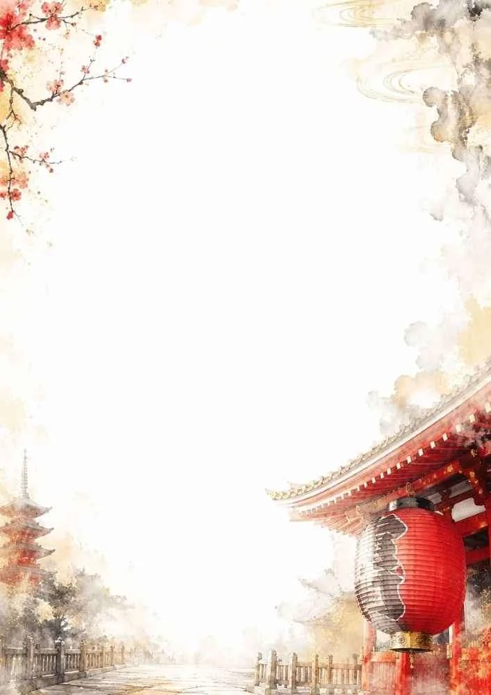 Watercolor border with Japanese temple, red lantern, and blank writing space.