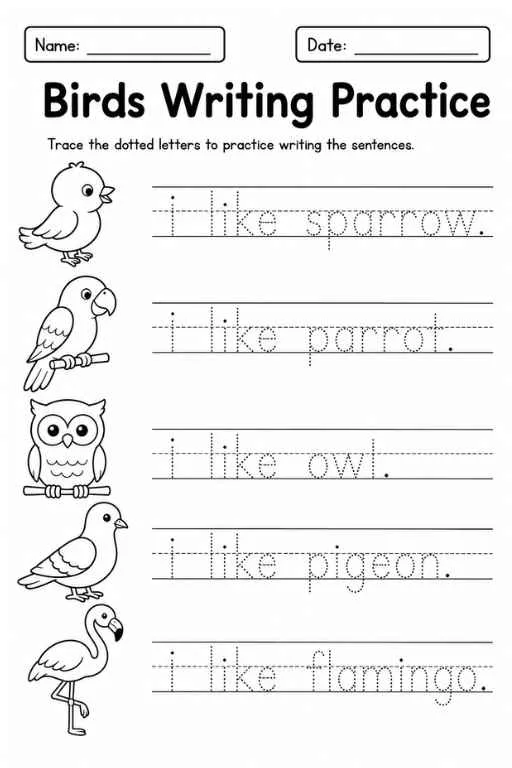 Birds writing worksheet with sparrow, parrot, owl, pigeon, and flamingo tracing sentences.