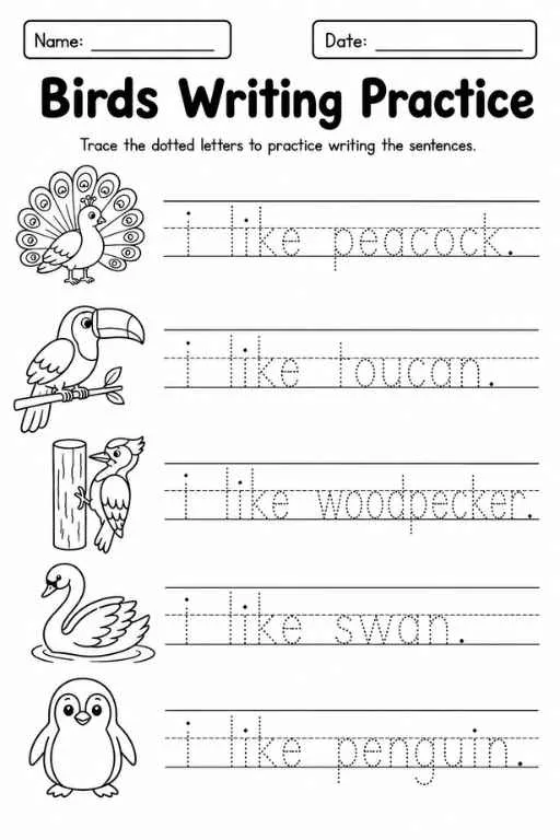 Birds writing worksheet with peacock, toucan, woodpecker, swan, and penguin tracing sentences.