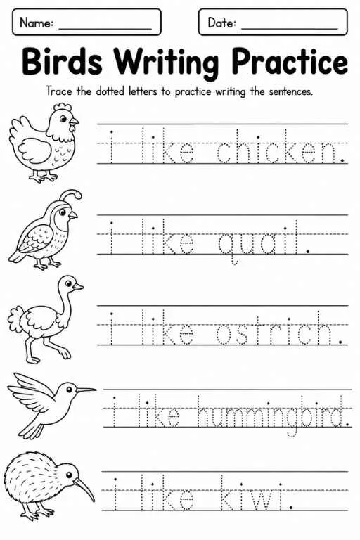 Birds writing worksheet with chicken, quail, ostrich, hummingbird, and kiwi tracing sentences.