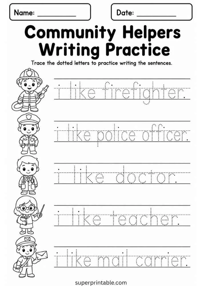 Writing worksheet with dotted community helper sentences and cartoon firefighter, police officer, doctor, teacher, and mail carrier.