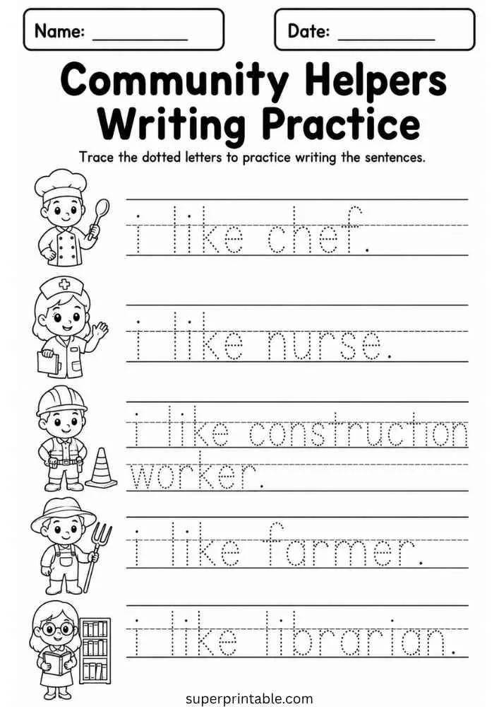 Writing worksheet with dotted sentences and cartoon chef, nurse, construction worker, farmer, and librarian.